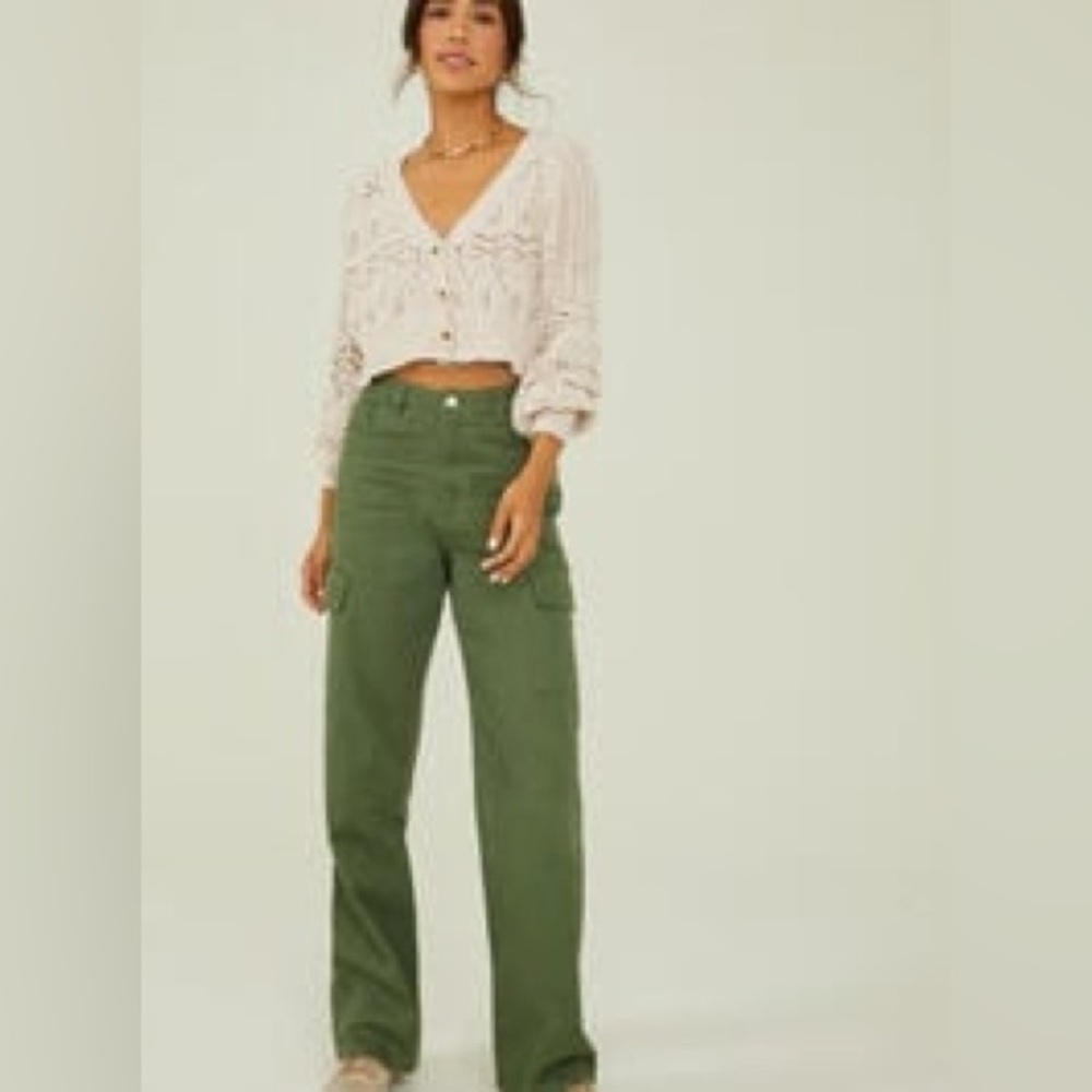 NWT Altar’d State Lacey Cropped Button Down Soft Fuzzy Taupe Cardigan Sweater - Picture 3 of 5